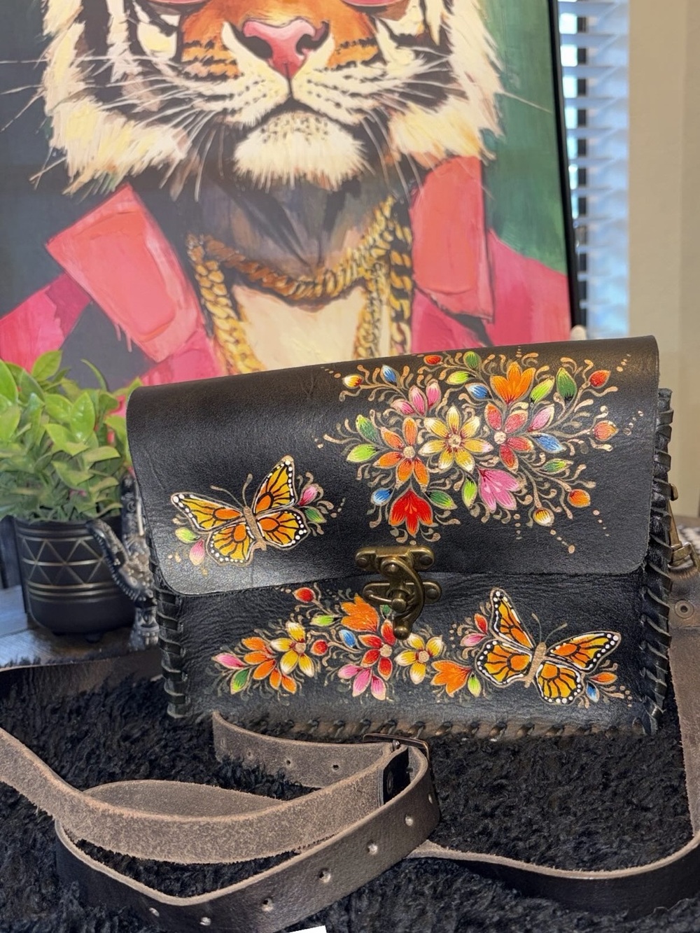 Hand-Painted Black Leather Crossbody Bag with Butterfly Floral Design
